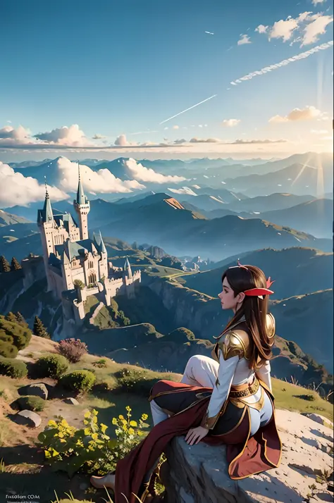 masterpiece, best quality, elf girl on top of a cliff, overlooking a big city with castle at the side of a mountain, aerial view...
