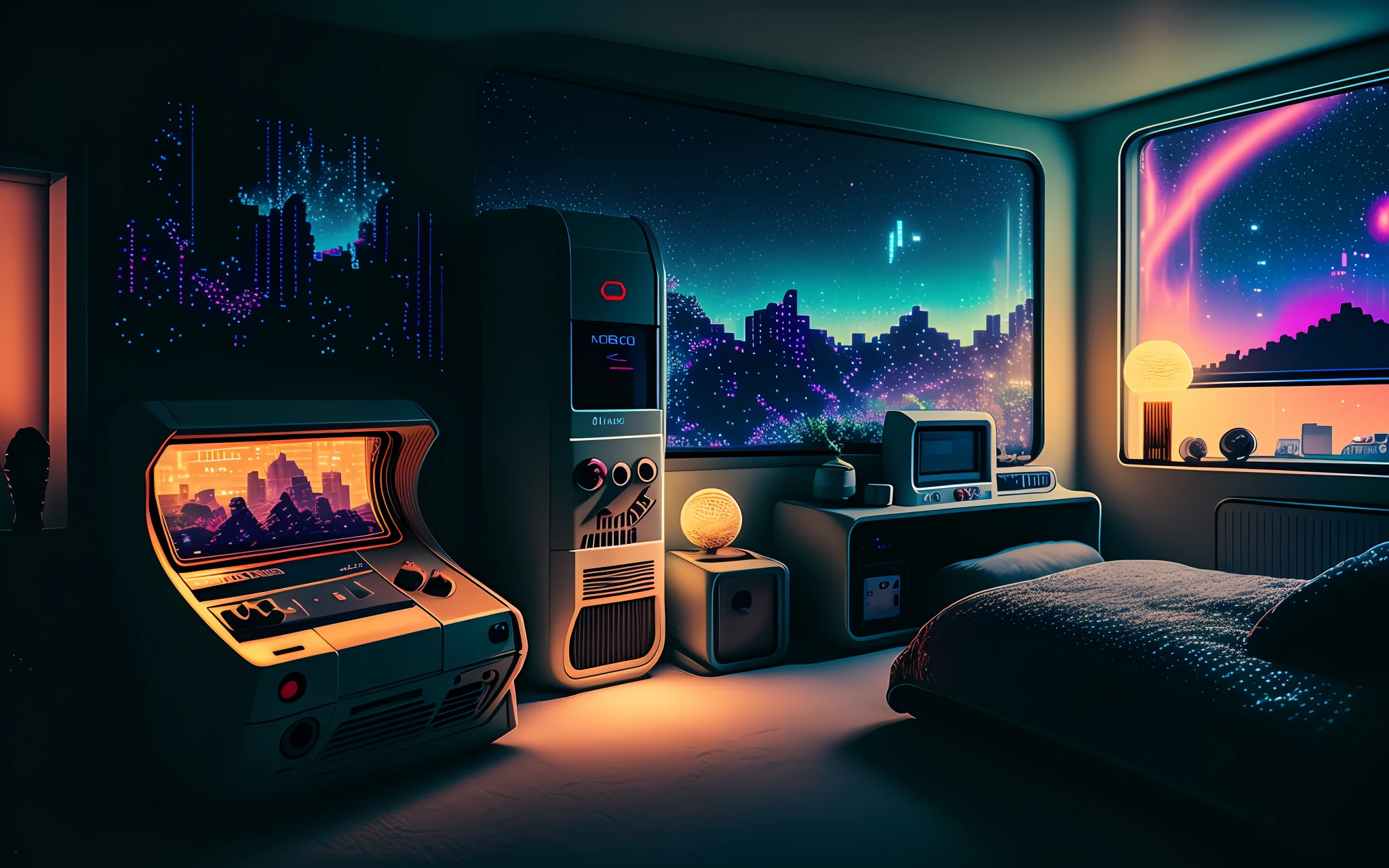 photo of a cozy upscale Atari-64 neo-gameboy futurism bedroom