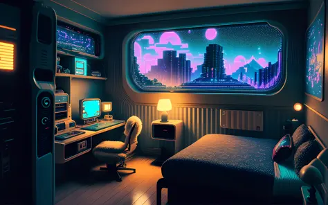 photo of a cozy upscale Atari-64 neo-gameboy futurism bedroom