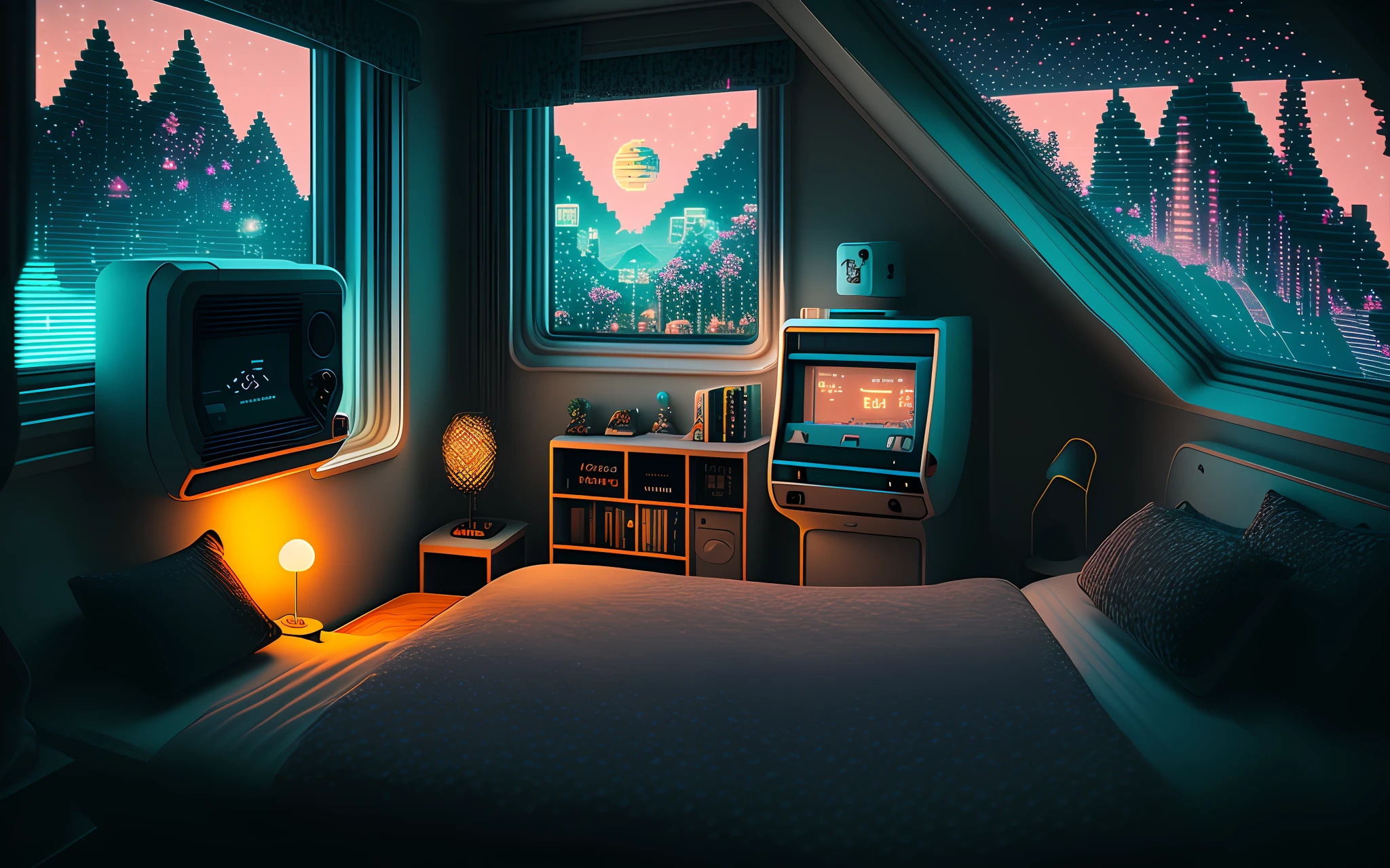 photo of a cozy upscale Atari-64 neo-gameboy futurism bedroom