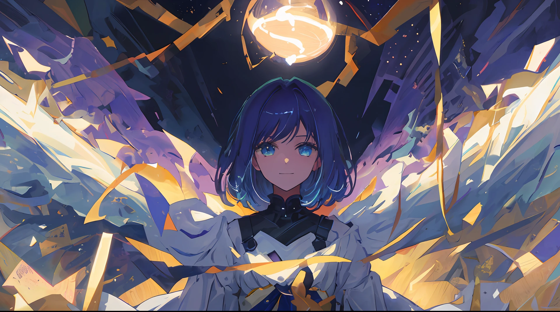 olo, 1girl, masterpiece, best quality, extremely detailed, Cinematic lighting, intricate detail, highres, official art, finely detailed beautiful face and eyes, high resolution illustration, 8k, dark intense shadows, overexposure,((space)), universe, short blue hair, blue hair, star pupil eyes, gradient hair, white dress, simple dress, fluttering dress, long sleeves, detailed clouds, gradient sky, yellow eyes, purple sky, black sky, stars, ((milky way)), smile, looking at viewer, upper body