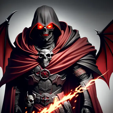 Very detailed 8k wallpaper), a medium photo of a terrifying necromancer, intricate, highly detailed, dramatic, dark red cloak, a pair of giant bat wings, white skull face