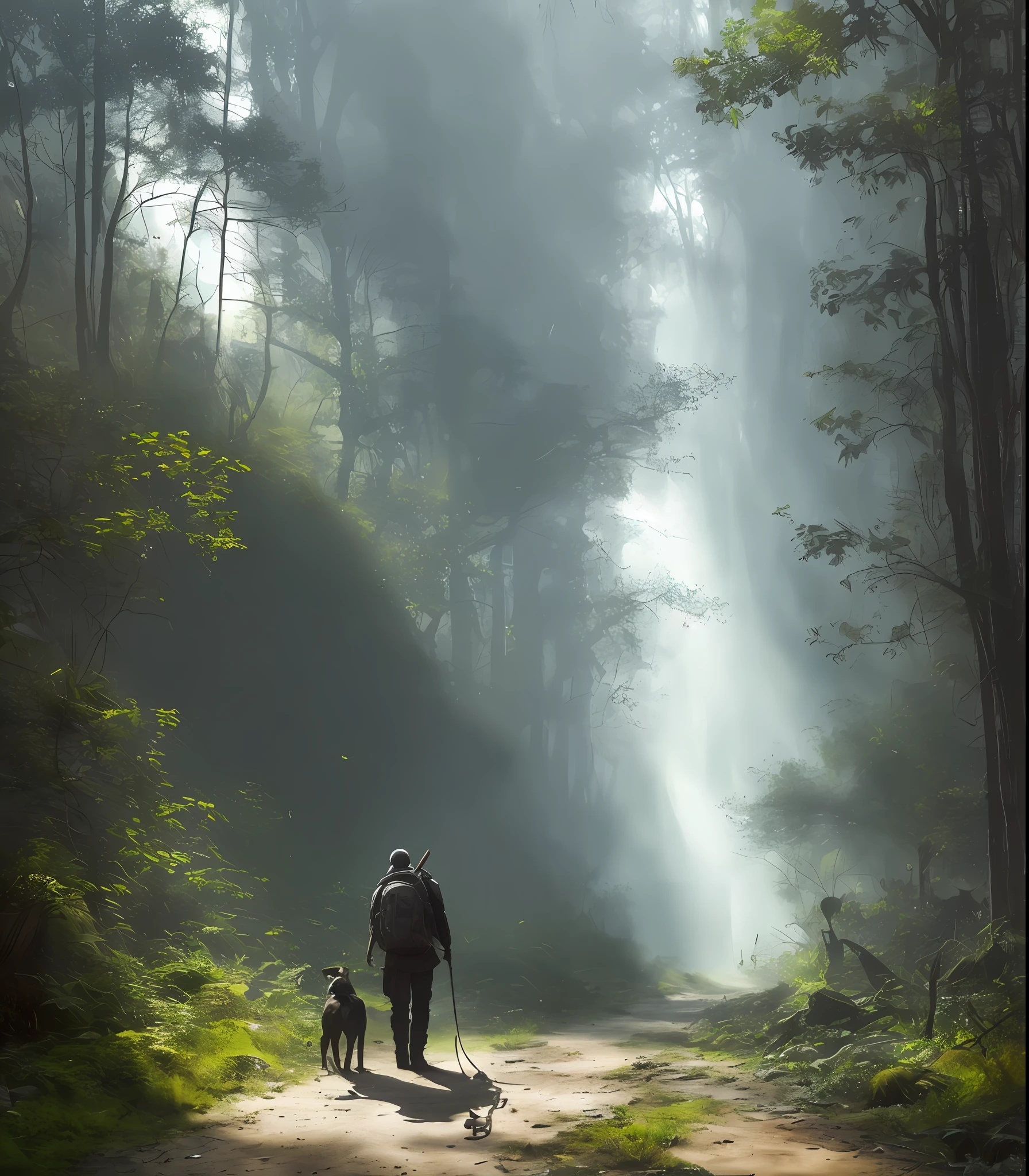 (masterpiece) RAW highly detailed, a man with a post-apocalyptic dog with a backpack is walking down a clear alley in a leafy and long forest, at the end of the way a strong white light shaped ball, hassanfantasy style, by Jeremy Mann and Donato Giancola ultra realistic highly detailed intricate photorealistic