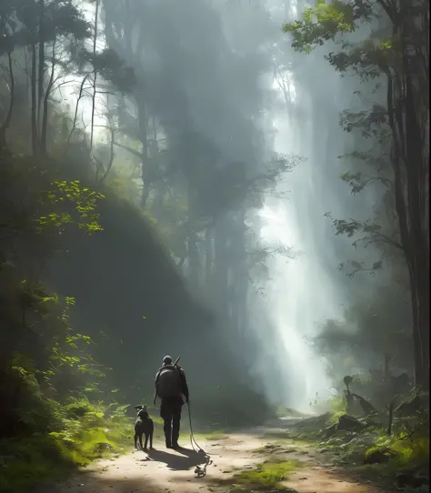 (masterpiece) raw highly detailed, a man with a post-apocalyptic dog with a backpack is walking down a clear alley in a leafy an...