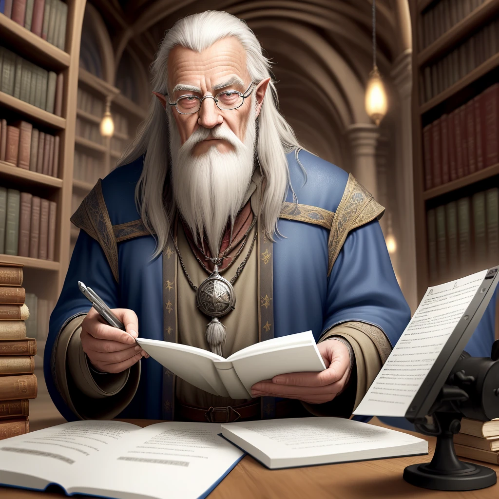 Imagine medieval, fantasy, old wizard man working on a document copying machine in a library with lots of technology and extreme realism