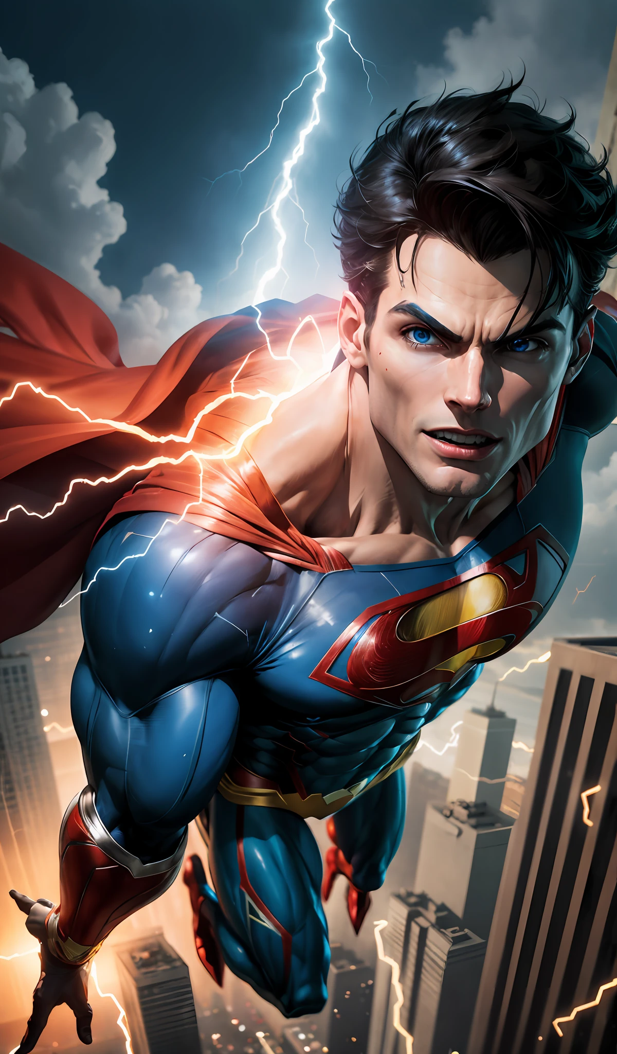 - Super Man, DC character, flying, lightning bolts through the eyes, 4k, Full HD