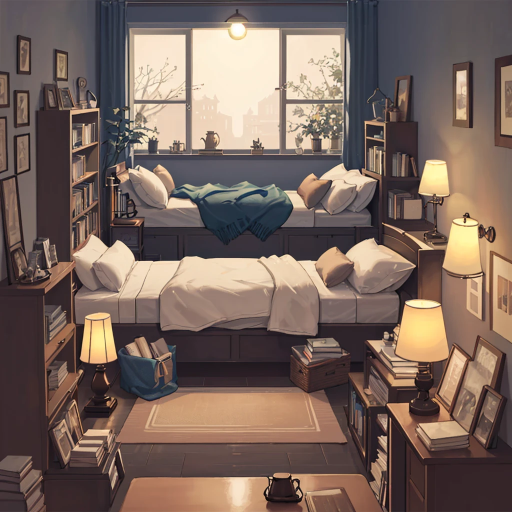 Cozy room, tidy bed, table, bookcase, window, moonlight, lamps, lamps, mood lighting, chair to sit