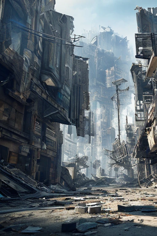 ciudad futurista post apocalíptica, agujas de cristal destrozadas, calle llena de escombros, maquinas rotas