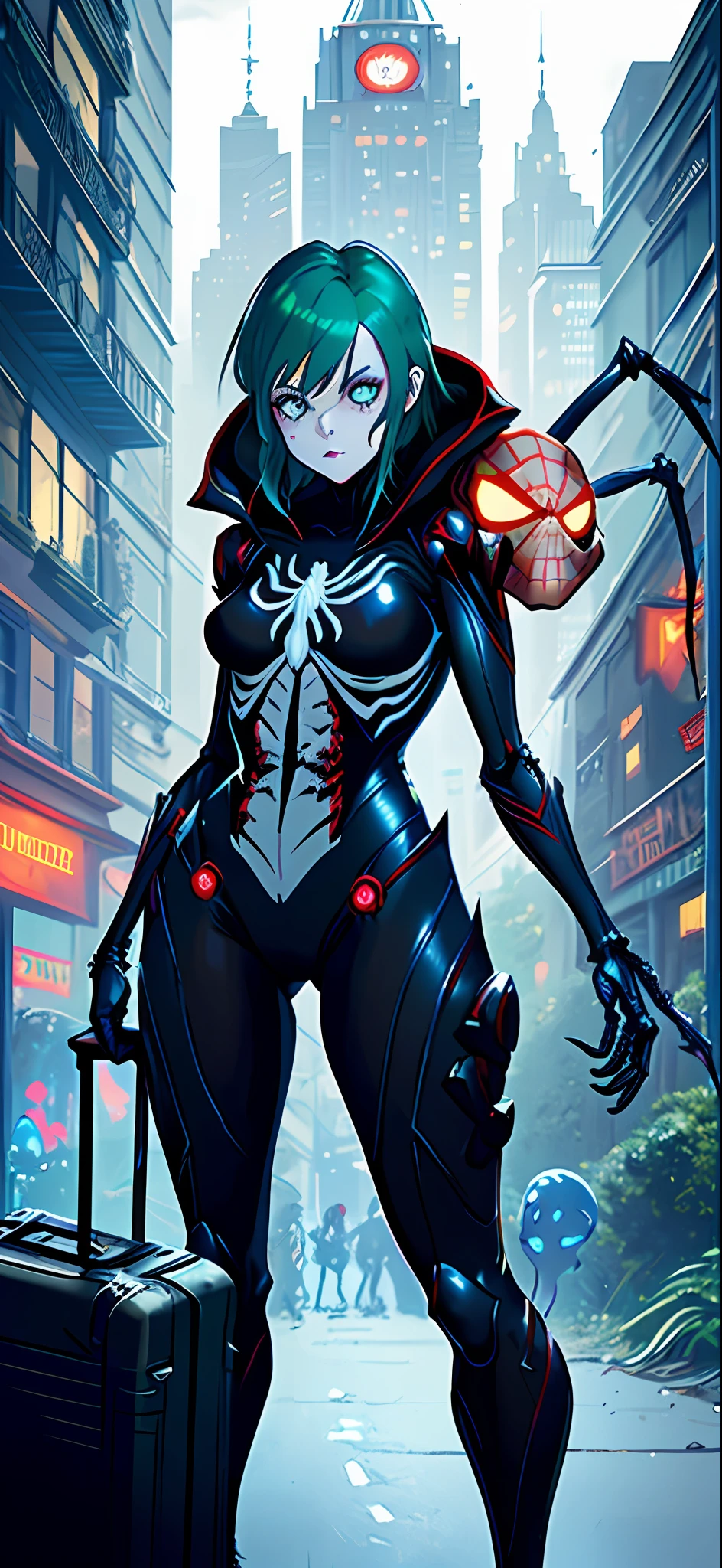Create an image with k resolution, Unreal Engine 5, SpiderMan style, Super Metroid style, full body photo of a female zombie skeleton, cosplaying Spider-Man in black costume with white parts, looking at the viewer, green eyes, blue hair, holding a suitcase, in a haunted hotel with ghosts,  Put only one character in the image.