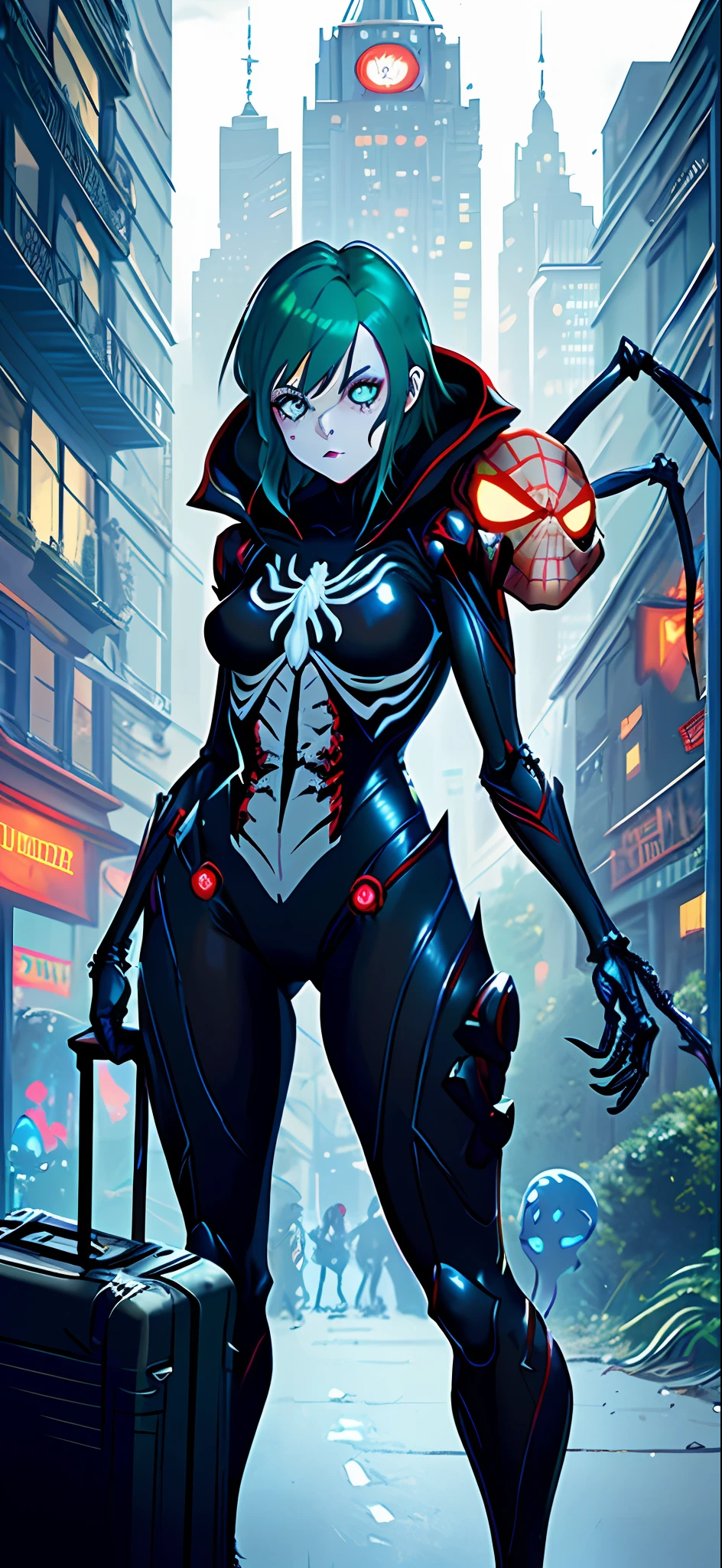 Create an image with 64k resolution, Unreal Engine 5, SpiderMan style, Super Metroid style, full body photo of a female zombie skeleton, cosplaying Spider-Man in black costume with white parts, looking at the viewer, green eyes, blue hair, holding a suitcase, in a haunted hotel with ghosts,  Put only one character in the image.