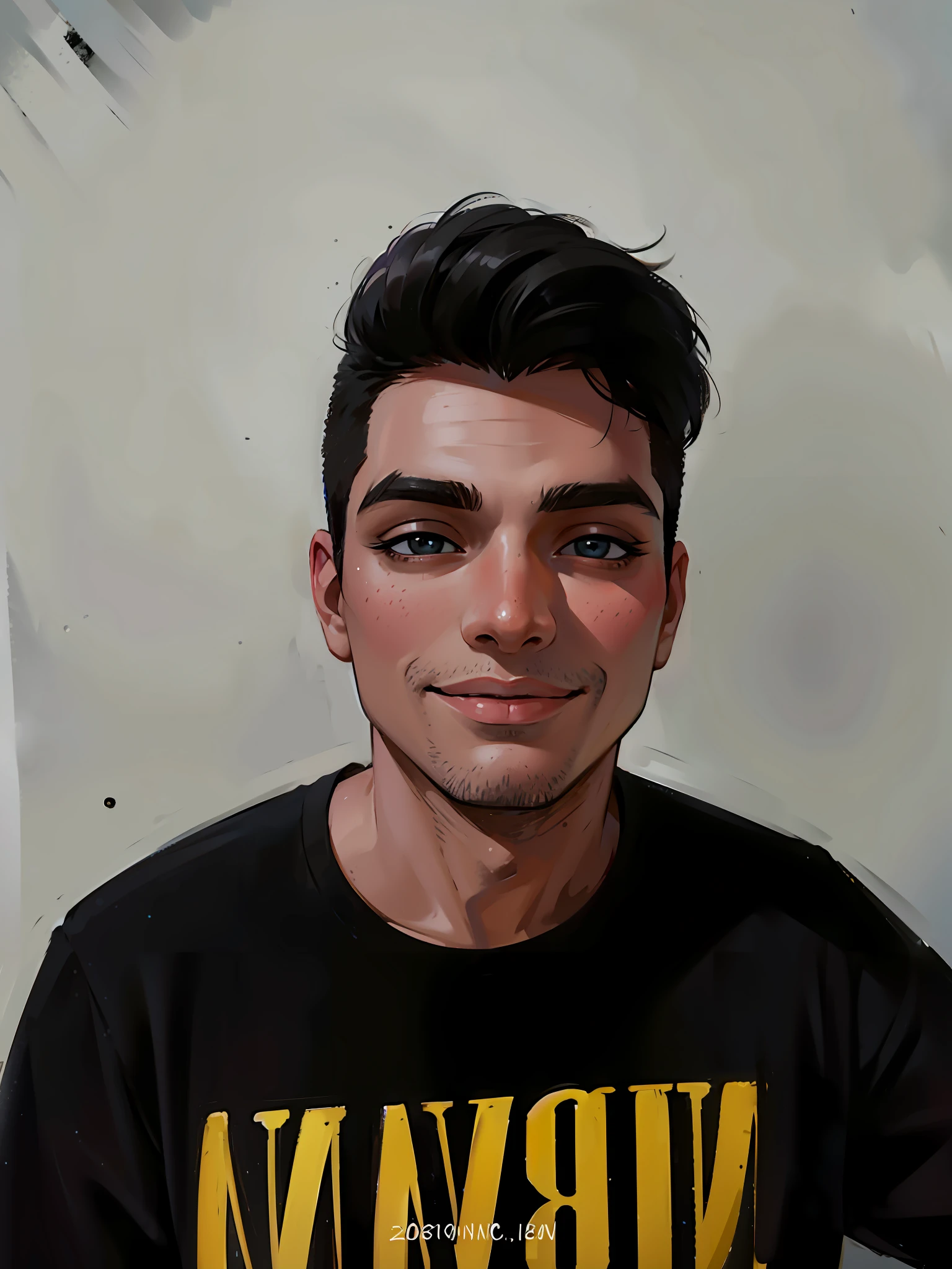 (masterpiece),(best quality:1.0), (ultra highres:1.0), detailed illustration, 8k, 1boy, anime boy, wearing black t-shirt, smiling, detailed face, perfect face, anime eyes, detailed eyes, dark brown eyes, detailed hair, highlights in hair, day time, highly detailed, anime style, vibrant