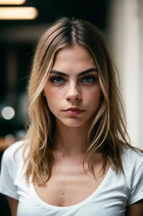 beautiful woman, straight blonde hair, wearing a white t-shirt without print, wearing leather belt, (((front view)), (inside a modern restaurant at night), Cara Delevingne, very detailed, 30 years, natural wave hair, blue eyes, high-res, masterpiece, best ...