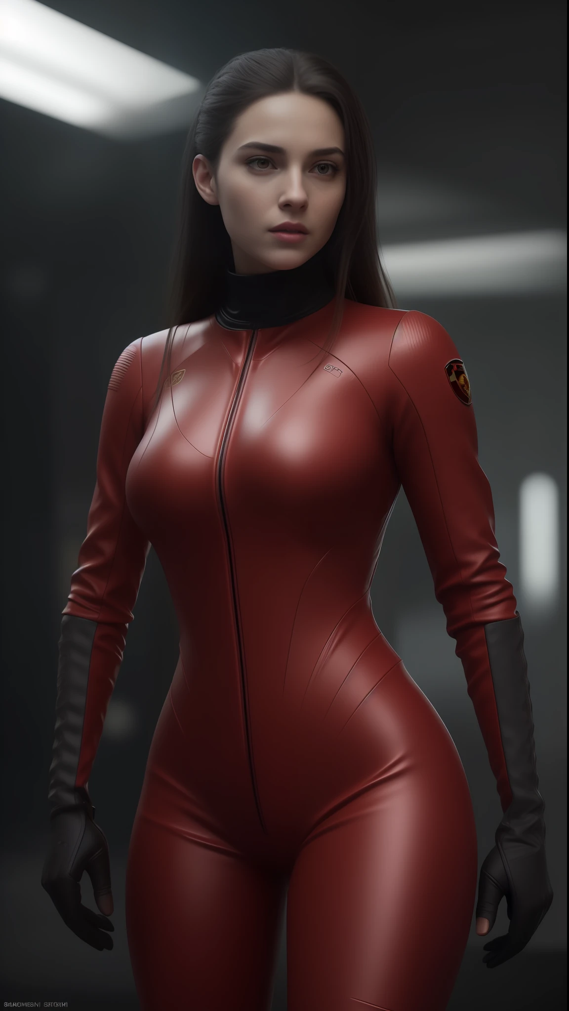 .(Futuristic spanish young woman, in a red Porsche suit) by gesaffelstein, action pose, epic scene, lots of fine detail, movie style, photography, natural textures, natural light, natural blur, photorealism, cinematic rendering, ray tracing, highest quality, highest detail, Cinematic, Blur Effect, Long Exposure, 8K, Ultra-HD, Natural Lighting, Moody Lighting, Cinematic Lighting, hyper-realistic,  vibrant,  8k, detailed, ultra detail,