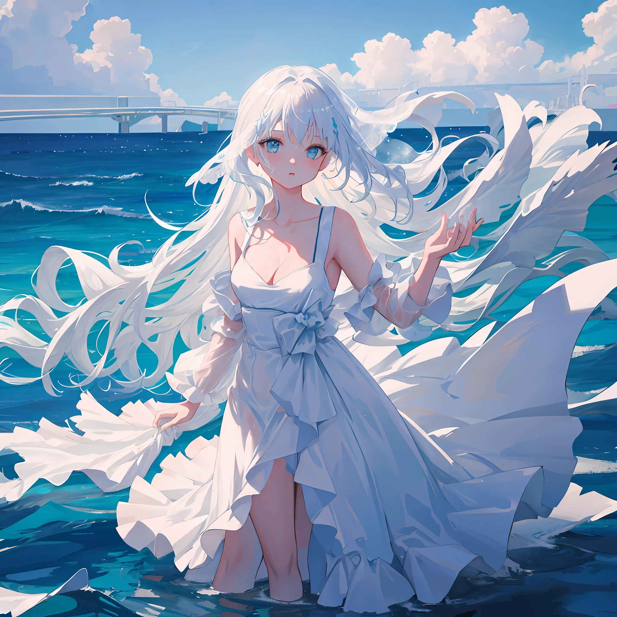 1girl,solo,white_hair,liquid hair, long hair, standing, liquid clothes, wedding dress, sea, large breasts, water,standing,lifted by self, cleavage, cowboy shot, blue sky, wave