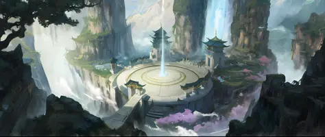 there is a painting of a fountain in the middle of a mountain, g liulian art style, fantasyconcept art, feng zhu concept art, co...