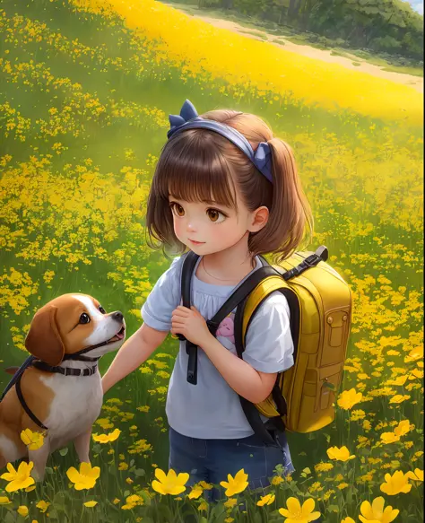 Tip: A very charming little girl with a backpack and her cute puppy enjoying a lovely spring outing surrounded by beautiful yellow flowers and nature. The illustration is a high-definition illustration in 4k resolution, featuring highly detailed facial fea...