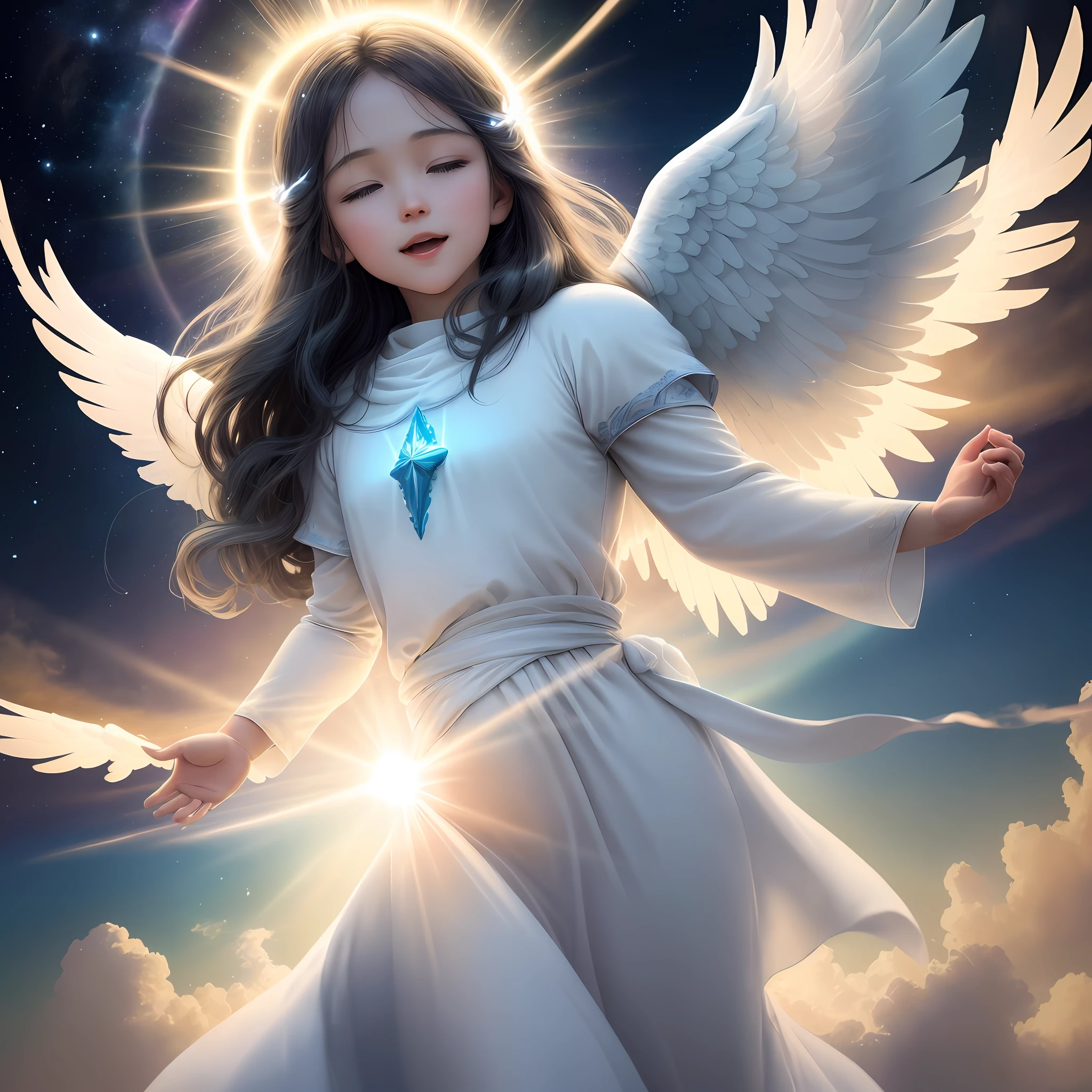 A girl with wings and a halo in the sky - SeaArt AI