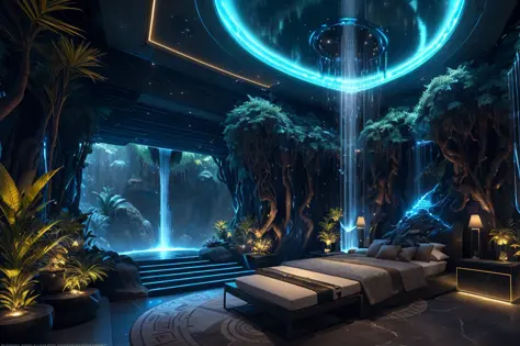 incredible Na'vi-inspired luxurious futuristic bedroom interior in Ancient Egyptian style with many (((lush plants))) (lotus flo...