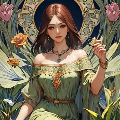 Masterpiece, top quality, Alphonse Mucha, Art Nouveau,
 (Tarot Card Style: 1.3), a unique tarot card framework incorporating floral and green elements,
dull bangs, long black straight hair, looking at the viewer,
On the banks of lush springs, mystical maid...