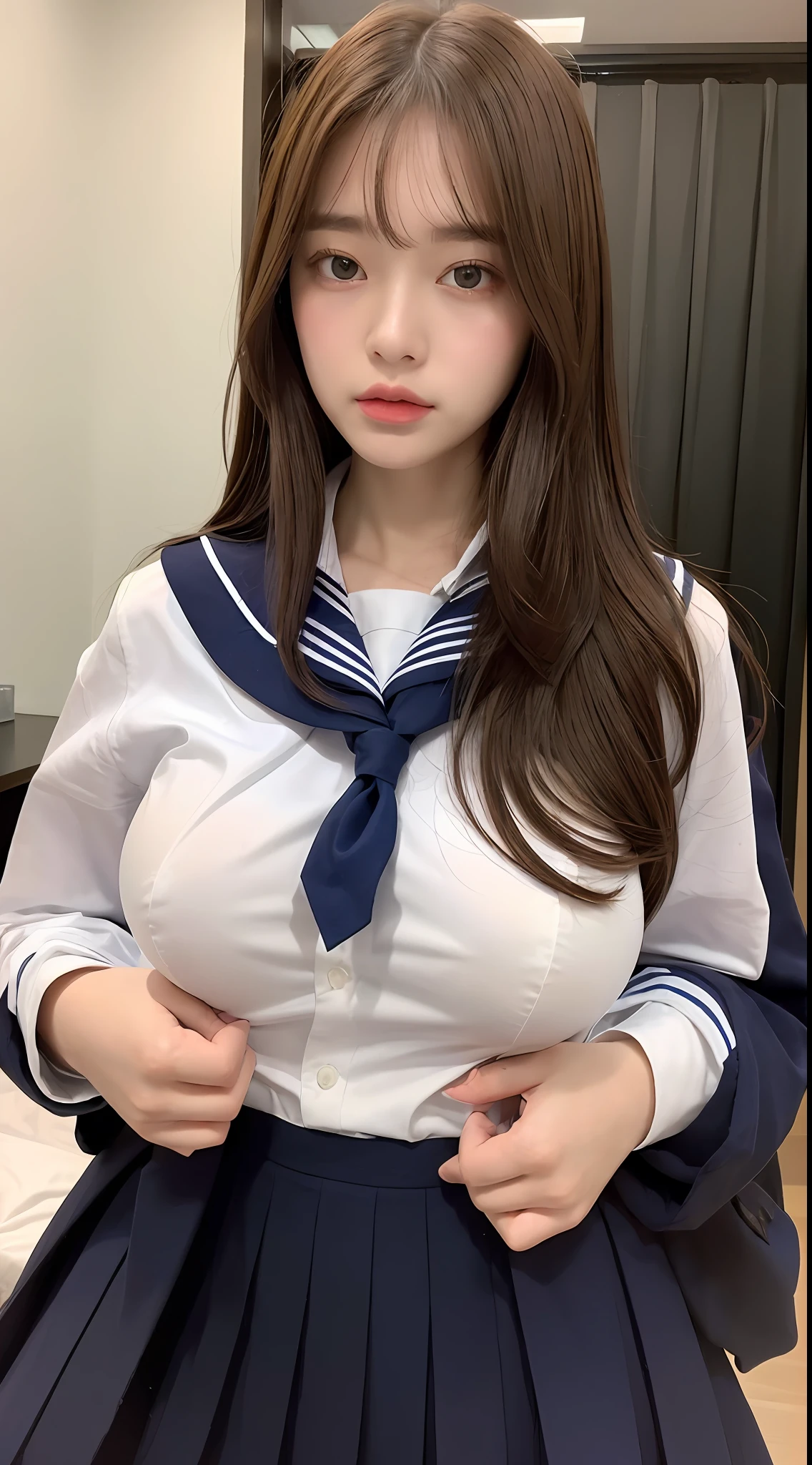 ((Night Scene, Realistic Light, Best Quality, 8k, Masterpiece: 1.3)), 1girl, Pretty Woman with Slender Body: 1.4, (Brown Hair,gigantic Breasts:1.4), Bed, Super Detailed Face, Detailed Eyes, Double Eyelids , asian woman posing for photo in pink skirt and white shirt, japanese girl school uniform, korean girl, japanese school uniform, loose coat collar sailor uniform, sakimichan, amazing student uniform, white fashionable clothes, ulzzang, wearing japanese school uniform , sleek white bodysuit set, cute kawaii girl, Korean women&#39;s fashion model