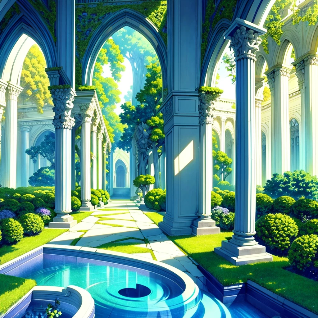 [Gone Neferpitou], [a Garden of Eden scene reimagined]. A serene paradise with lush greenery and vibrant flora harmoniously encloses an ethereal palace, decorated with marble columns and embellished mosaic floors. The area is teeming with a diverse range of fauna and primordial creatures, wandering into the palace's entrance, thereby making it seem like the phantasmagoric location possesses an all-knowing sentience to welcome its guests. A sense of tranquility permeates the atmosphere as though time has been suspended within this paradisiacal realm. The lighting effect is pure and warm, creating a dream-like quality as though the visitors have ventured into a different dimension