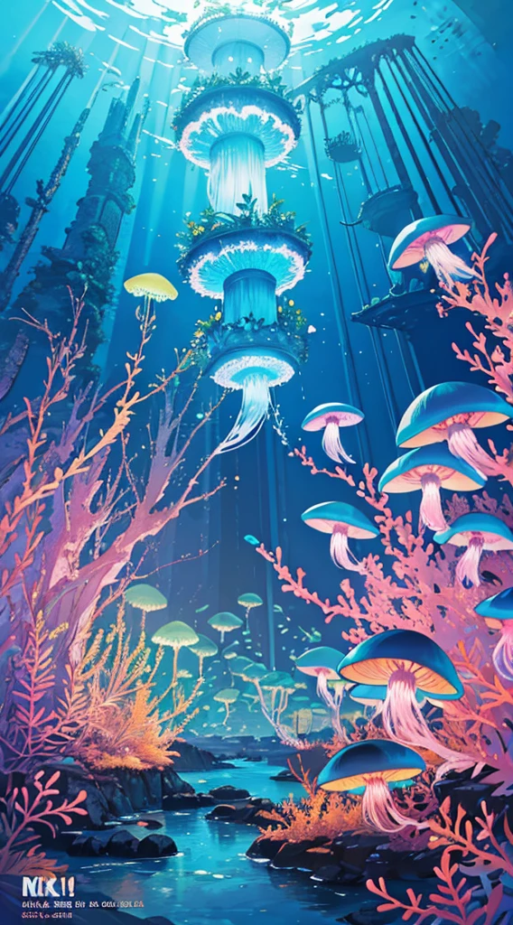 Masterpiece, High Quality, Ocean Forest, City, Fantastic Fantasy, Glowing Plants, Coral Viaduct, (Swarm of Glowing Jellyfish), (Shoal of Fish with Transparent Wings Flying in the Sky), Misty, Extreme Detail, Morning Light, Epic Composition, (Intricate Detail), (Intricate Design, Ultra Detail: 1.2), Art Station, (Masterpiece, Best Quality), Ultra HD, 32k --v 6