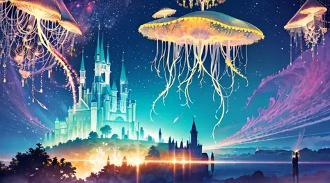 Masterpiece, High Quality, Ocean Forest, City, Fantastic Fantasy, Glowing Plants, Coral Viaduct, (Swarm of Glowing Jellyfish), (...