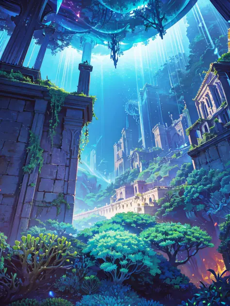 Masterpiece, High Quality, Ocean Forest, City, Fantastic Fantasy, Glowing Plants, Coral Viaduct, (Swarm of Glowing Jellyfish), (...