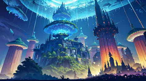 Masterpiece, High Quality, Ocean Forest, City, Fantastic Fantasy, Glowing Plants, Coral Viaduct, (Swarm of Glowing Jellyfish), (...