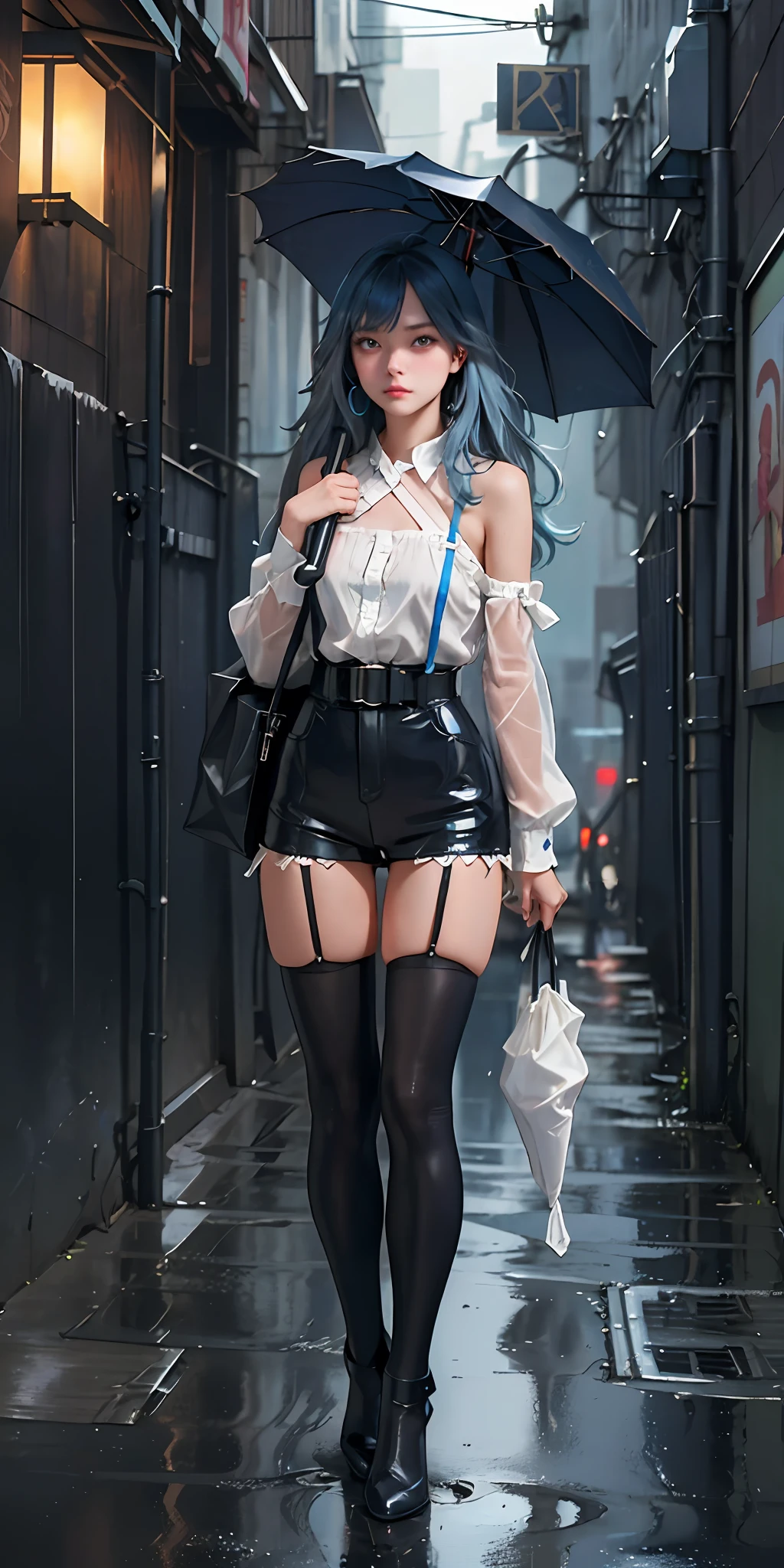 (best quality, masterpiece: 1.3), 1girl, rainy day, fog, alley, umbrella holding, looking at the viewer, blue hair, facing the photo, cyberpunk city, alone in the alley, neon in the alley, very reflected city, long hair, sized strands going over the alley, bars, Japan, Tokio, garter belt on one leg, knee brace on the other leg, perfect hand,  delicate, night