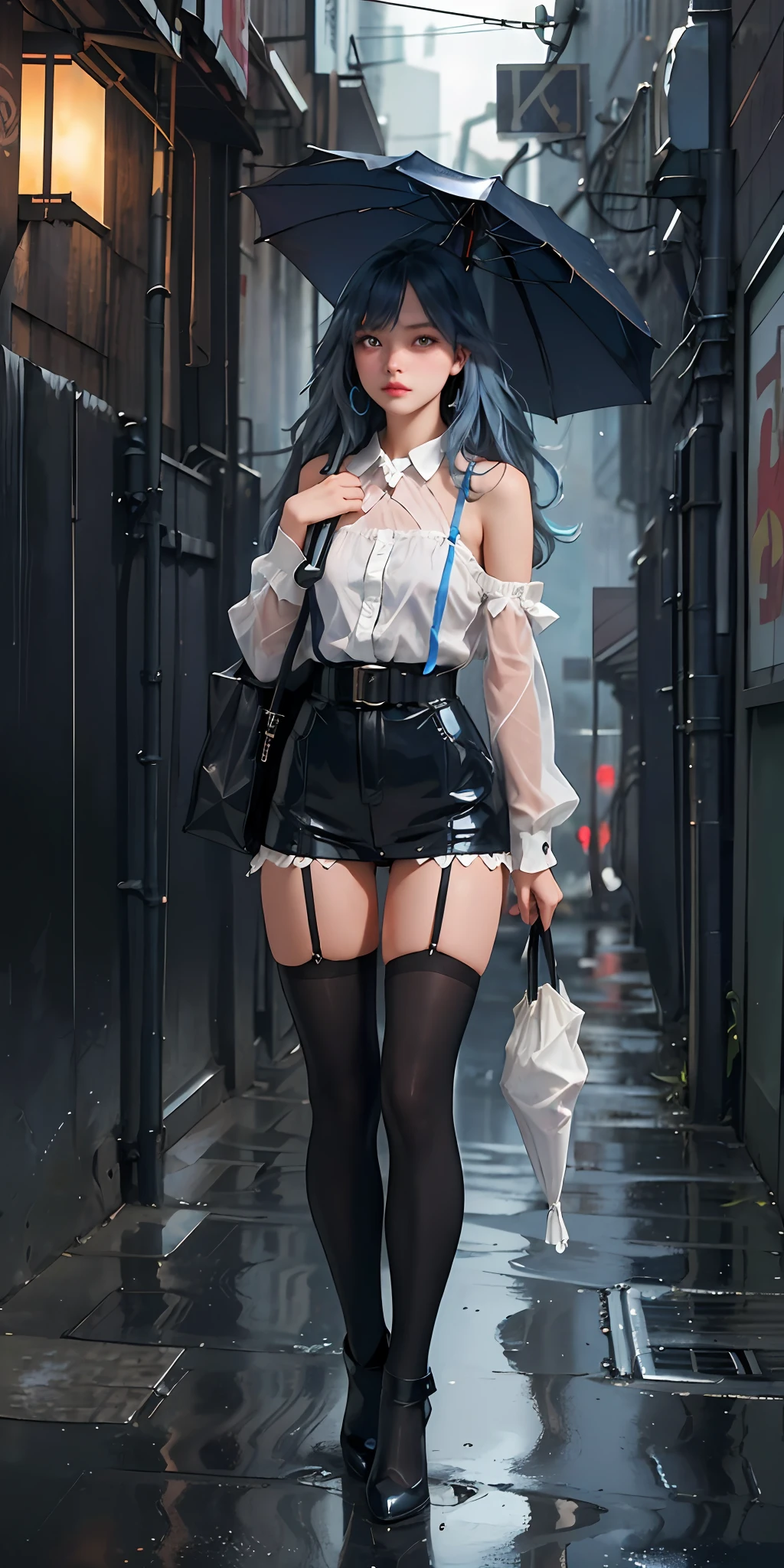 (best quality, masterpiece: 1.3), 1girl, rainy day, fog, alley, umbrella holding, large and transparent umbrella, looking at the viewer, blue hair, facing the photo, cyberpunk city, alone in the alley, neon in the alley, very reflective city, long hair, sized strands going over the alley, bars, Japan, Tokyo, garter belt on one leg,  knee pad on the other leg, perfect hand, delicate, night