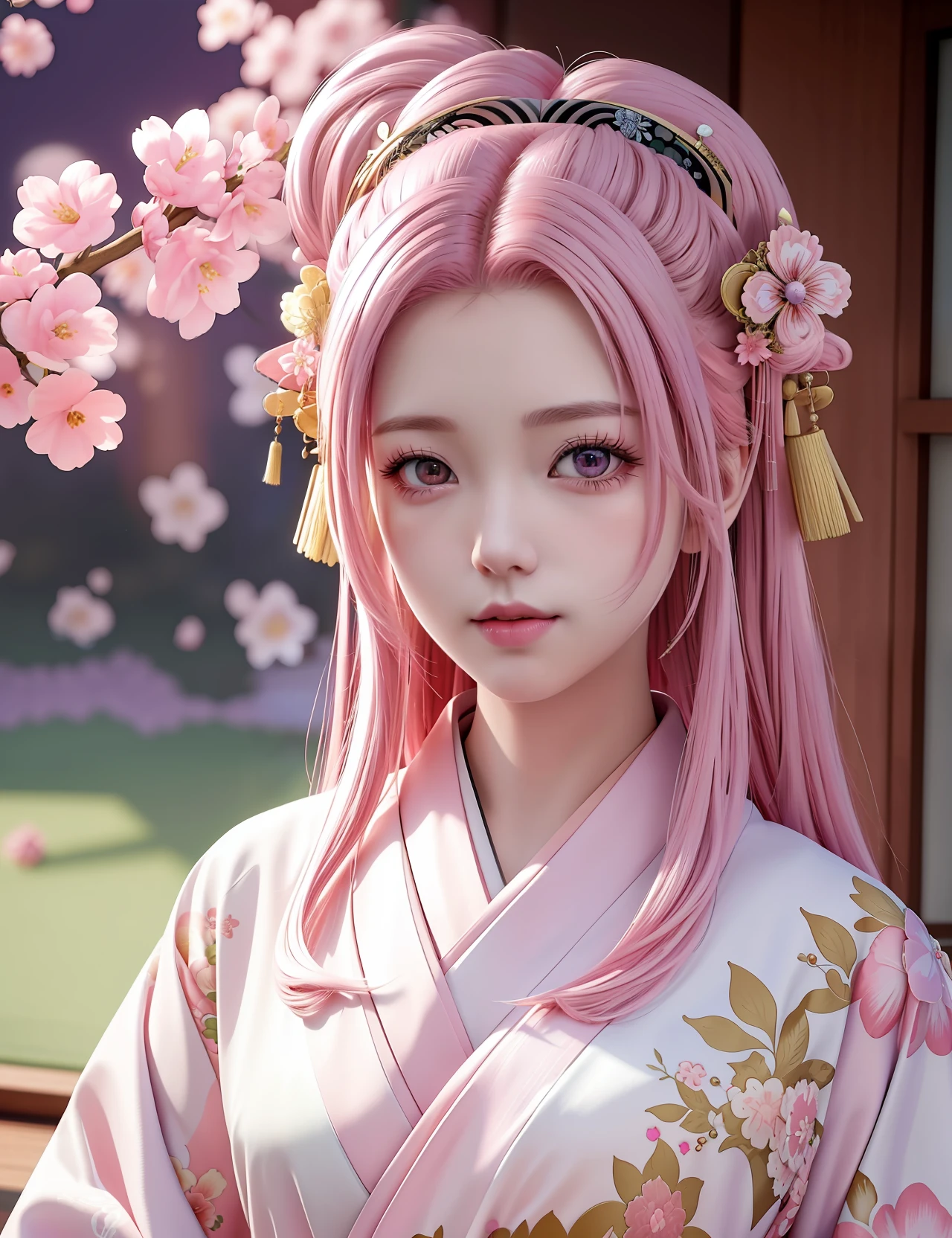 ((Best Quality)), ((Masterpiece)), ((Realistic Cartoon)), ((Pink Hair and Kimono)): a breathtakingly realistic and cinematic illustration of a beautiful girl with pink hair wearing a kimono. The digital art features ultra-detailed hair, expertly illuminated with dynamic lighting that creates a dramatic effect. Even the tiniest details of the girl's eyes are expertly rendered, with hyper-detailed coloring and texture that brings them to life. The intricate details of the kimono's fabric and designs also expertly rendered for a stunning visual experience that truly a masterpiece. Scenic, masterpiece.