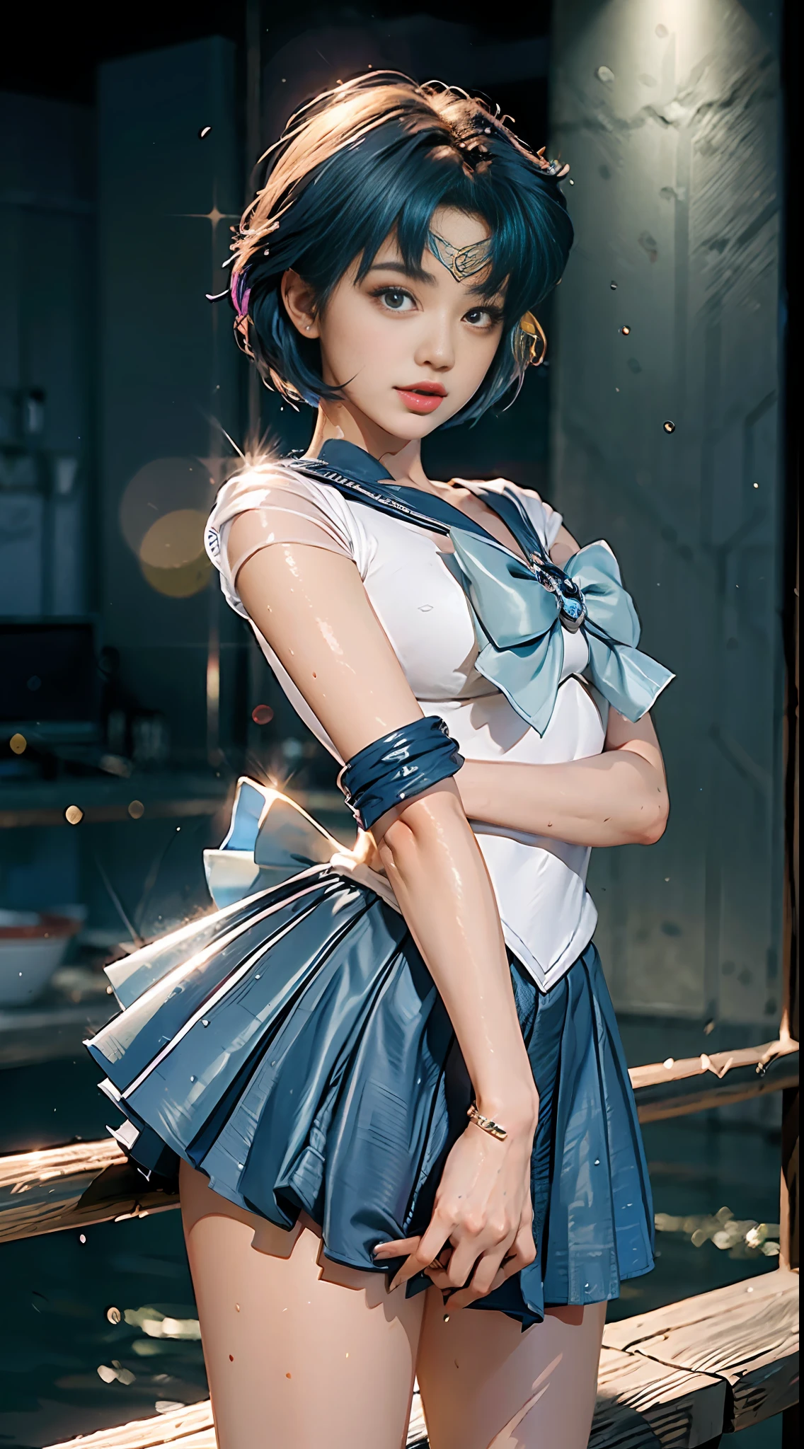 Best Quality, Masterpiece, Ultra High Resolution, (Realism: 2), Original Photo, A Twenty-Year-Old Girl, (Sailor Moon: 2.1) ((Ami Mizuno/Sailor Crystal, Sailor Mercury)), Charming Smile, Short Hair, Short Blue Hair, Vibrant Blue Eyes, Short Skirt, Looking at the Viewer, Mercury in the background, Dynamic Pose, OC Rendering, Water Splashing