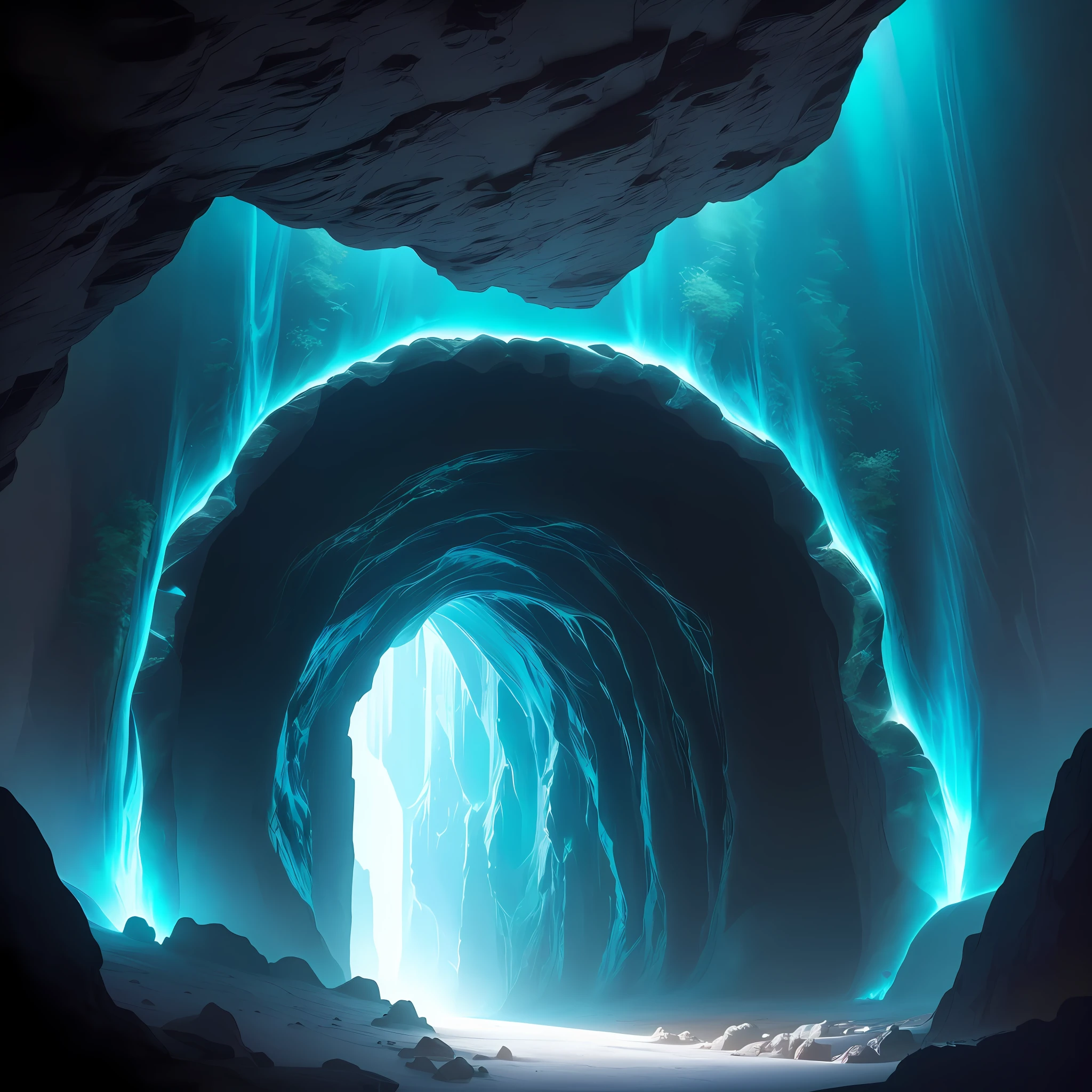 The cave is a true spectacle with a seductive cyan glow coming from the background, capturing the view of the entrance with many amazing details and depth. (Cavern with a seductive ciano glow from deep below, capturing the vision of the entrance with stunning detail and depth.)