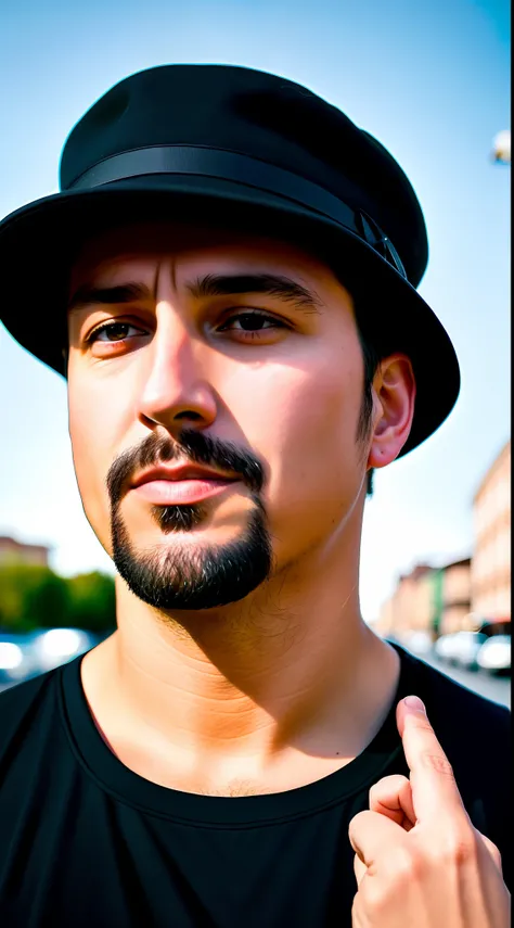 A 43-year-old man with a goatee and black cap wearing a black shirt, a ...