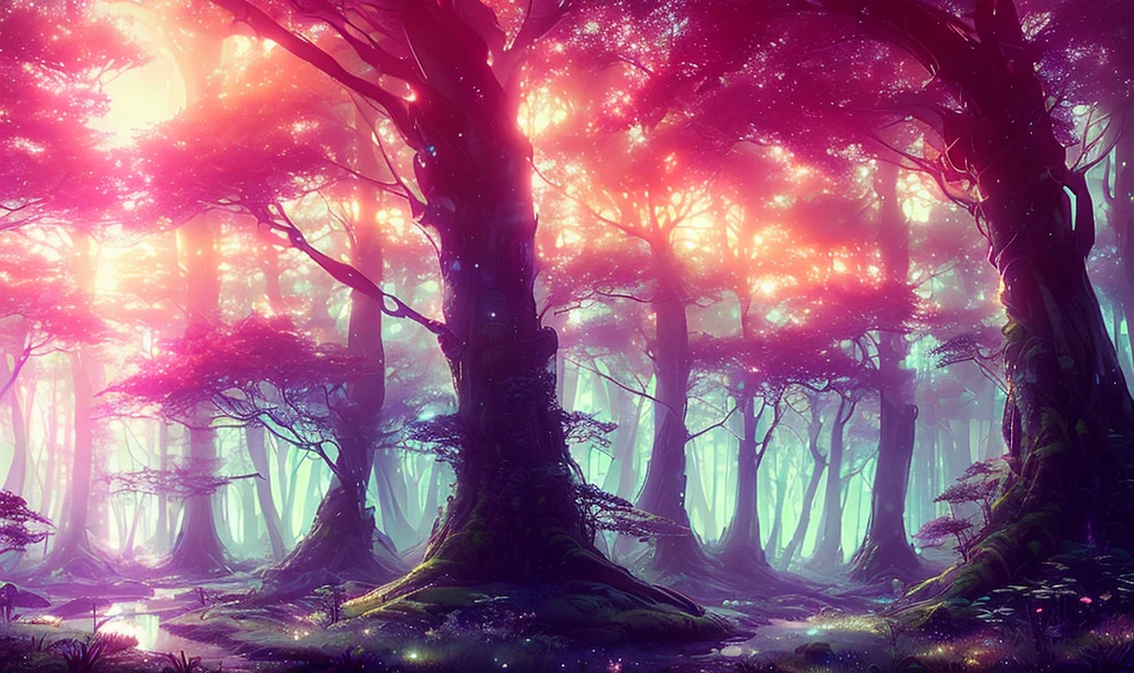 a maravilhoso magical forest, pôr do sol , espetacular, Tirar o fôlego, maravilhoso, lindo, (estilo lndskp) e (estilo redshift:1.2) e (nvinkpunk:1.2)