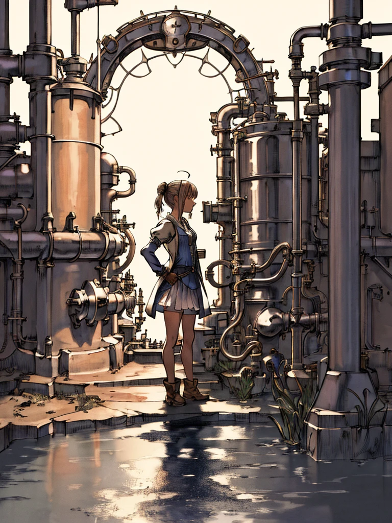 (ein schönes, ausführlich, zartes Alchemistenmädchen, standing before a highly ausführlich, hochauflösender industrieller Hintergrund, ihre Alchemiefabrik mit Neugier und Bewunderung erkunden)