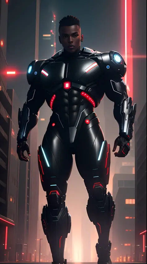 cyberpunk cyborg black skin, left side of the metallic face with a red bionic eye, bodybuilder, running, in the background a city, lightning in the sky, ultra details, ultra realistic, cinematic , octane render, 16k