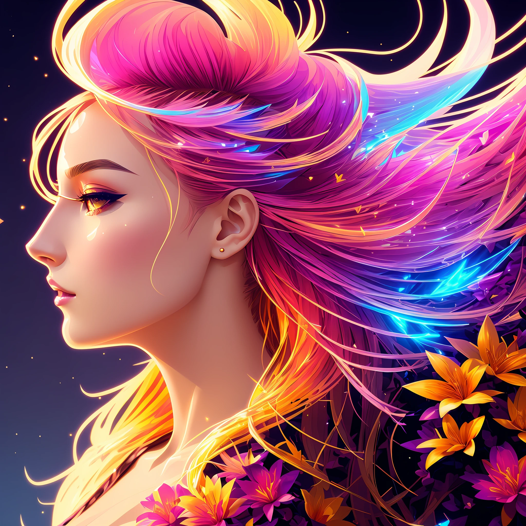 modelshoot style, A illustration, concept art, visual art,((vector style)), (flat color), golden colors,  anime, a world in beautiful  woman head with lightning, colorful shine, flowers, fantasy, artstation, beautiful, epic, crystalline, colorful, vivid, HD, highly detailed, rim lighting, god rays