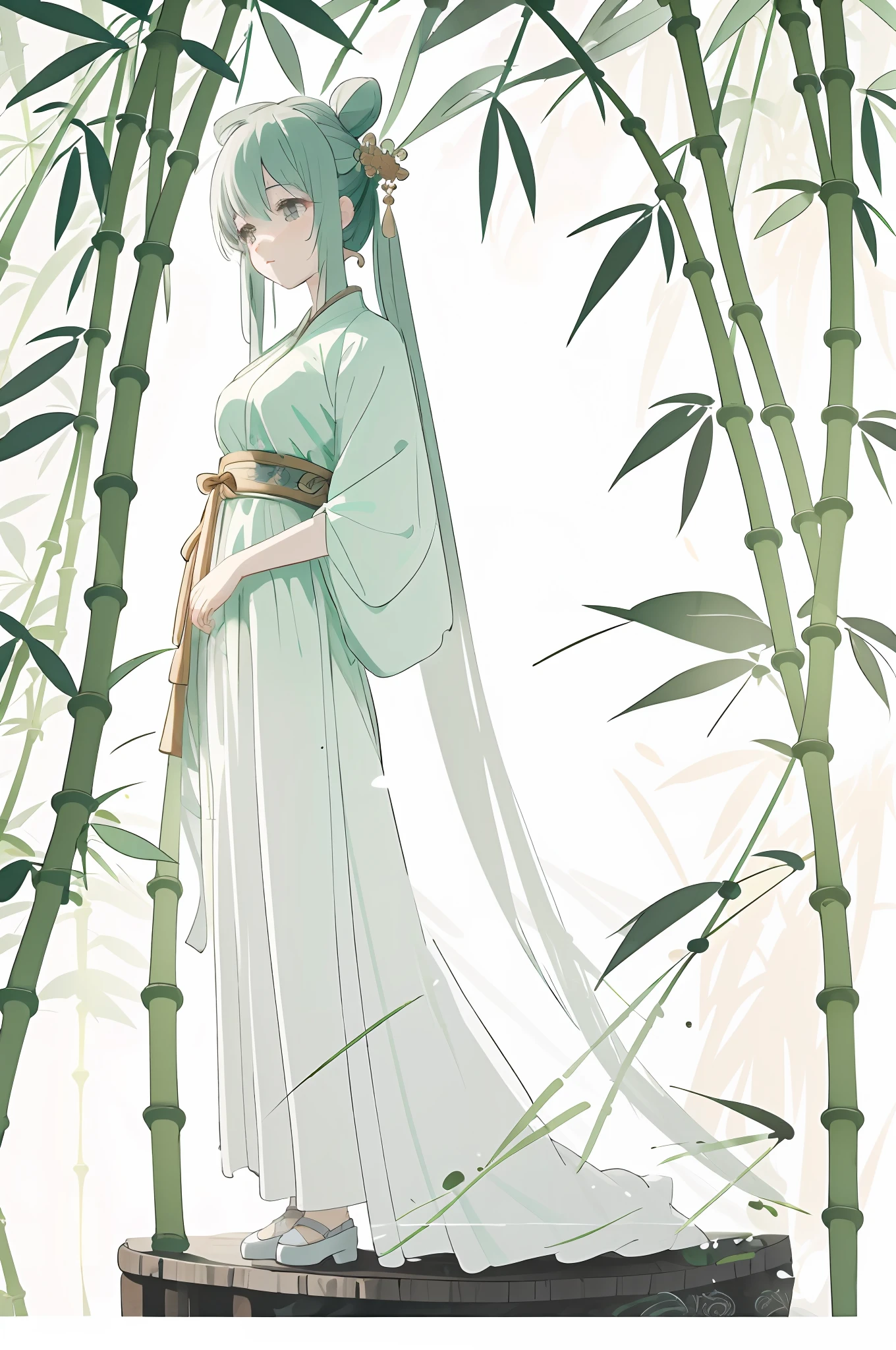 beautiful girl with big watery eyes, full body, delicate shoes, delicate hair, an ancient Chinese beauty, wearing ancient Chinese clothing, flowing tulle, light silk, (bamboo, bamboo leaves, stone), ink painting style, clean color, decisive cutting, blank, freehand, masterpiece, super detailed, epic composition, high quality, the highest quality, 4k