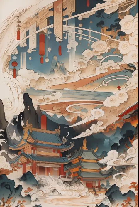Ancient Chinese landscape, a Monkey King, ancient buildings, pavilions, carved beams and paintings, beautiful mountains and waters, inspired by Jin Yong martial arts, sunshine, ink painting style, clean colors, decisive cutting, white space, freehand, mast...