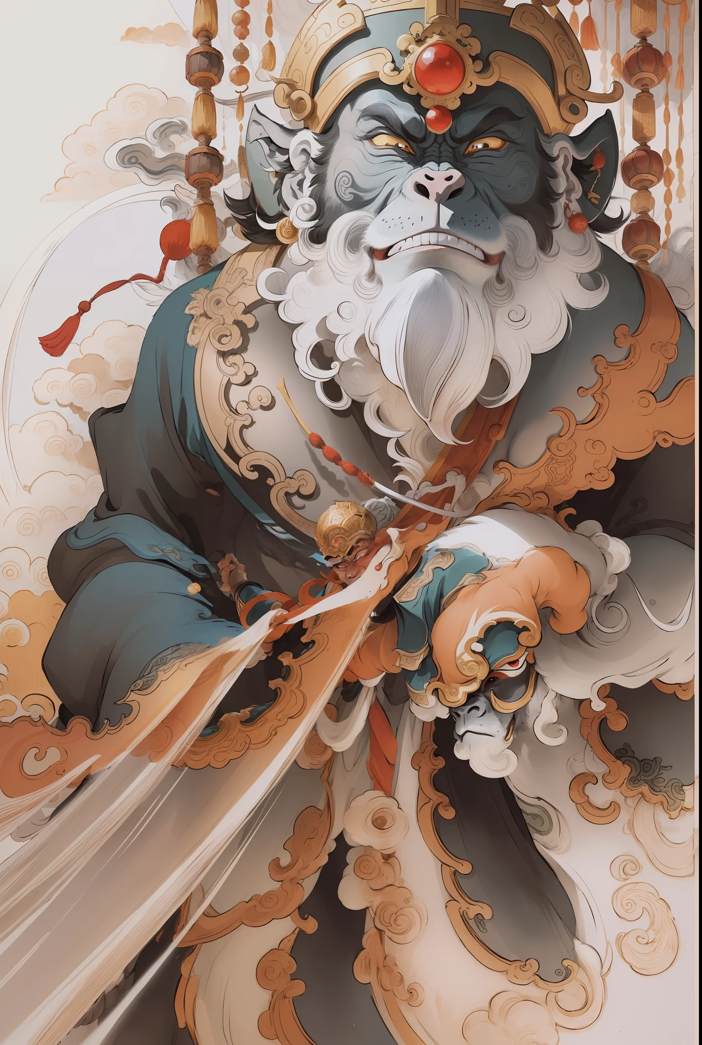 원숭이 왕, Qi Tian Daisheng Tiangong (서쪽으로의 여행에서), 수묵화풍, 깨끗한 색상, 결정적인 삭감, 여백, 자유형, 걸작, 매우 상세한, 서사적 구성, 고품질, 최상의 품질, 픽사 스타일, 과포화, 초현실적, artgerm --v 6
