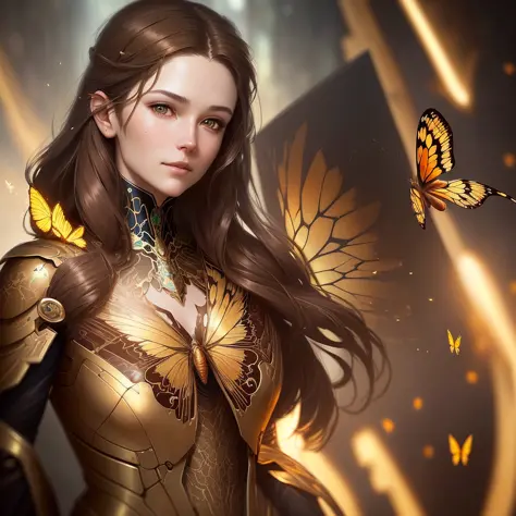 Portrait of a beautiful cyborg with 8k brown hair, intricate, elegant, detailed, majestic, digital photography, artgerm and works by Ruan Jia and Greg Rutkowski, surrealist painting, golden butterfly filigree, broken glass, (masterpiece, side light, delica...