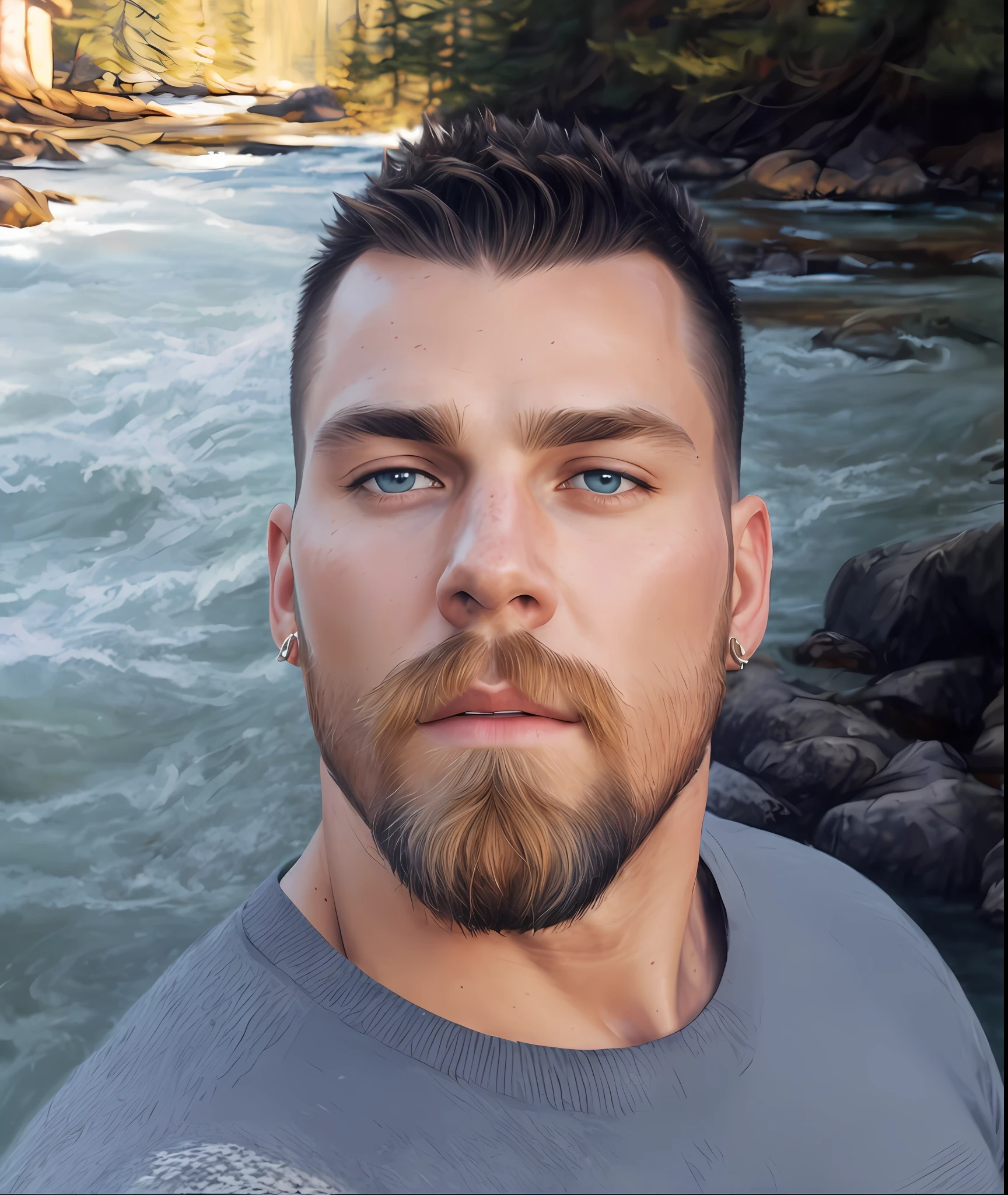 portrait painting, tall nordic viking warrior, blonde hair++, viking beard+, wearing viking armor, grabbing own pecs+++, detailed skin, huge muscles+, huge muscular thighs+, big bulge, fantasy, snowy nordic forest, masculine, manly, looking at viewer, modelshoot style, (extremely detailed CG), photo of beautiful artwork, (Antonio Moro), (Jeremy Mann), High Detail, Sharp focus, dramatic+, oil painting++, (photorealistic), Intricate, handsome, gigachad++,