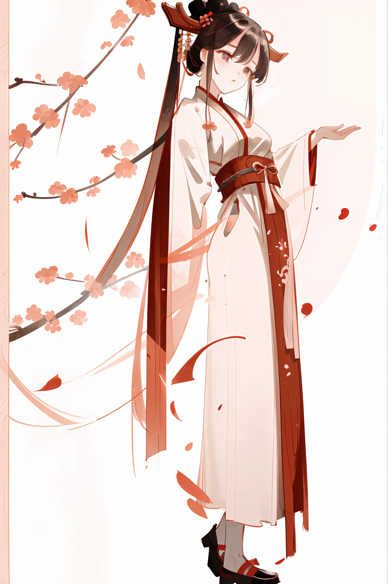 beautiful girl with big watery eyes, full body, delicate shoes, delicate hair, an ancient Chinese beauty, wearing ancient Chinese clothing, flowing tulle, light silk, (red plum blossoms, plum blossoms petals), ink painting style, clean color, decisive cutting, blank, freehand, masterpiece, super detailed, epic composition, high quality, the highest quality, 4k