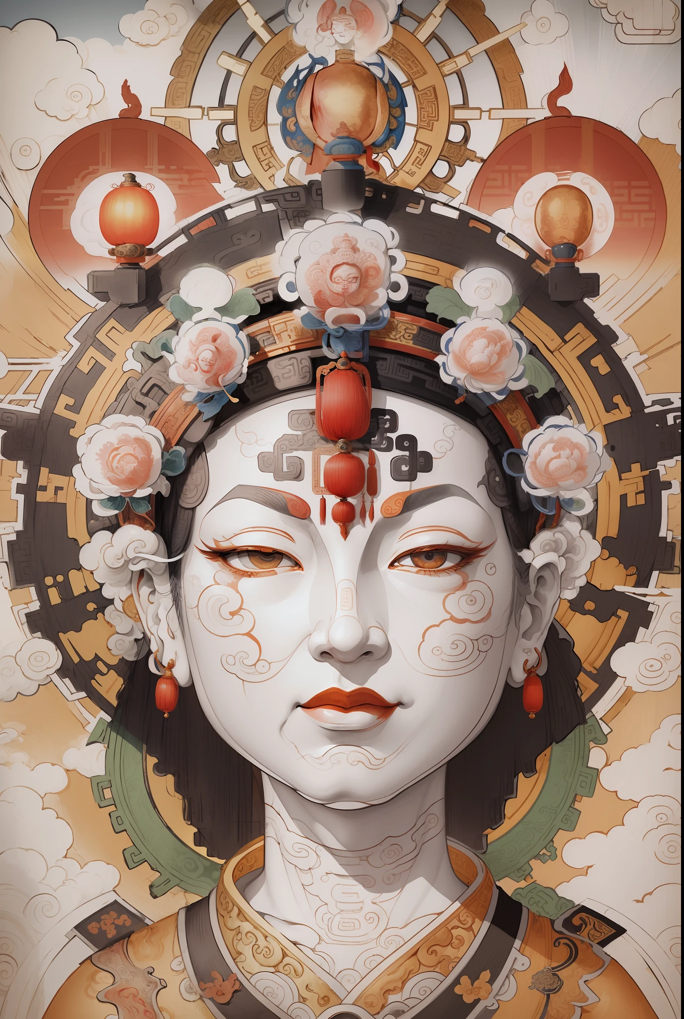 Imortal Chinês Antigo, Bodhisattva Guanyin (de Viagem ao Oeste), estilo de pintura a tinta, cores limpas, cortes decisivos, espaço em branco, à mão livre, Obra de arte, Super detalhado, composição épica, alta qualidade, mais alta qualidade, estilo pixar, supersaturado, Surreal, artgerm --v 6