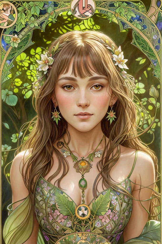 傑作, 最高品質, アルフォンス・ミュシャ, アール・ヌーボー,
 (タロットカードスタイル:1.3),  花と緑の要素を取り入れたユニークなタロットカードのフレームワーク,
鈍い前髪, 黒のストレートロングヘア, 視聴者を見る, 
緑豊かな庭園の中で, 花の咲いたドレスを着た神秘的な乙女が、霊妙な生き物たちと踊る, 豊かな植物と古代のタロットのシンボルを照らす太陽の光を浴びる,
バラ, ユリ, 桜, アイリス, 葉, モス, ブドウの木, 自然にインスピレーションを受けたエレガントなドレス, 花や葉をモチーフにしたネックレスなどのアクセサリー, earリング, リング, ブレスレット, 髪飾り, 蝶, 鳥, ミツバチ, 花と緑のデザインで再解釈されたタロットのシンボル, 女神, 庭園のような自然の背景, 森林, 湖畔, 光と影の効果的な利用, 
現実的, hyper 現実的 lifelike 3d, もつれた,