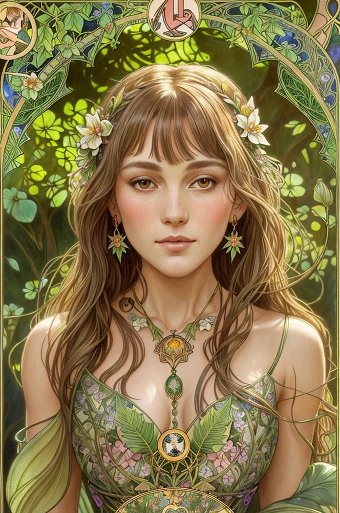 Meisterwerk, beste Qualität, Alphonse Mucha, art nouveau,
 (Tarotkartenstil:1.3),  einzigartiges Tarotkarten-Gerüst mit floralen und grünen Elementen,
Stumpfer Pony, schwarzes glattes langes Haar, Betrachter betrachten, 
Inmitten eines grünen Gartens, eine mystische Jungfrau im blühenden Kleid tanzt mit ätherischen Wesen, in Sonnenlicht getaucht, das blühende Flora und alte Tarotsymbole beleuchtet,
Rosen, Lilien, Kirschblüten, Schwertlilien, Laub, Moos, und Reben, elegante Kleider inspiriert von der Natur, Accessoires wie Halsketten mit Blumen- und Blattmotiven, earRinge, Ringe, Armbänder, Haarschmuck, Schmetterlinge, Vögel, Bienen, Tarotsymbole neu interpretiert mit Blumen- und Gründesigns, Göttinnen, natürliche Hintergründe wie Gärten, Wälder, Seeufer, Effektvoller Einsatz von Licht und Schatten, 
realistisch, hyper realistisch lifelike 3d, verheddert,