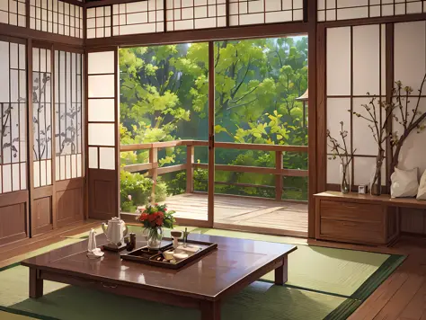 japanese-style bedroom, tatami, a coffee table, bedside table, vase, hanging painting, dresser, square glass windows, wooden fur...