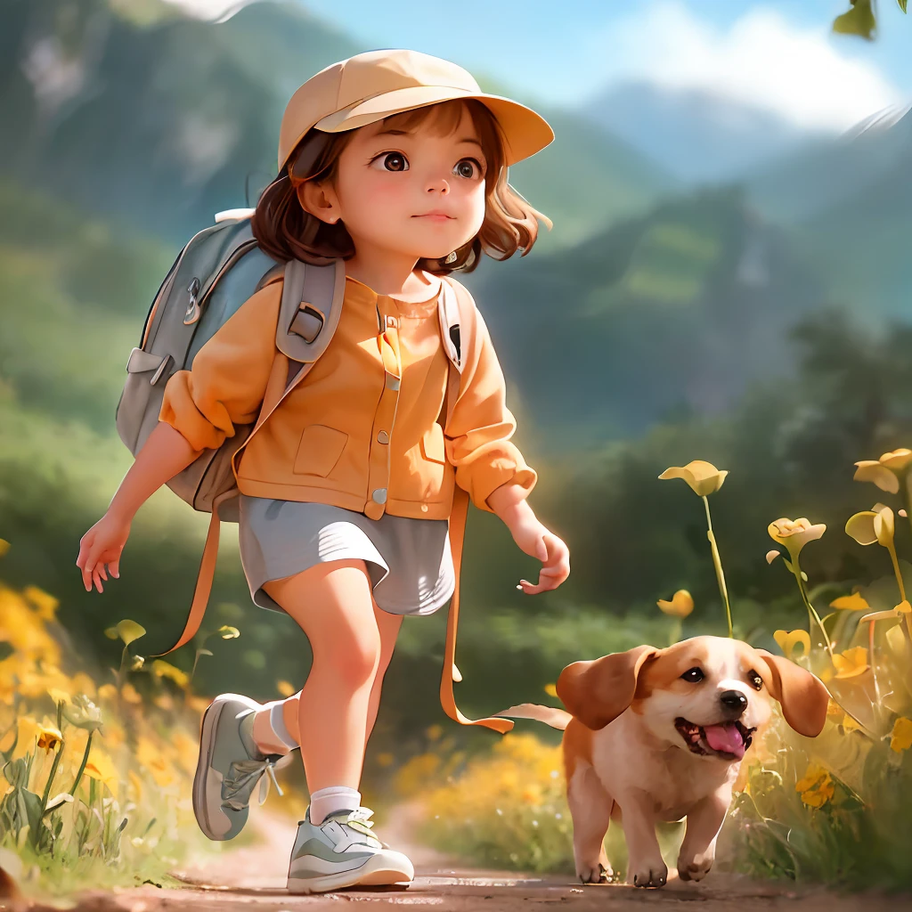 Tip: A very charming  with a backpack and her cute puppy enjoying a lovely spring outing surrounded by beautiful yellow flowers and nature. The illustration is a high-definition illustration in 4k resolution, featuring highly detailed facial features and cartoon-style visuals.